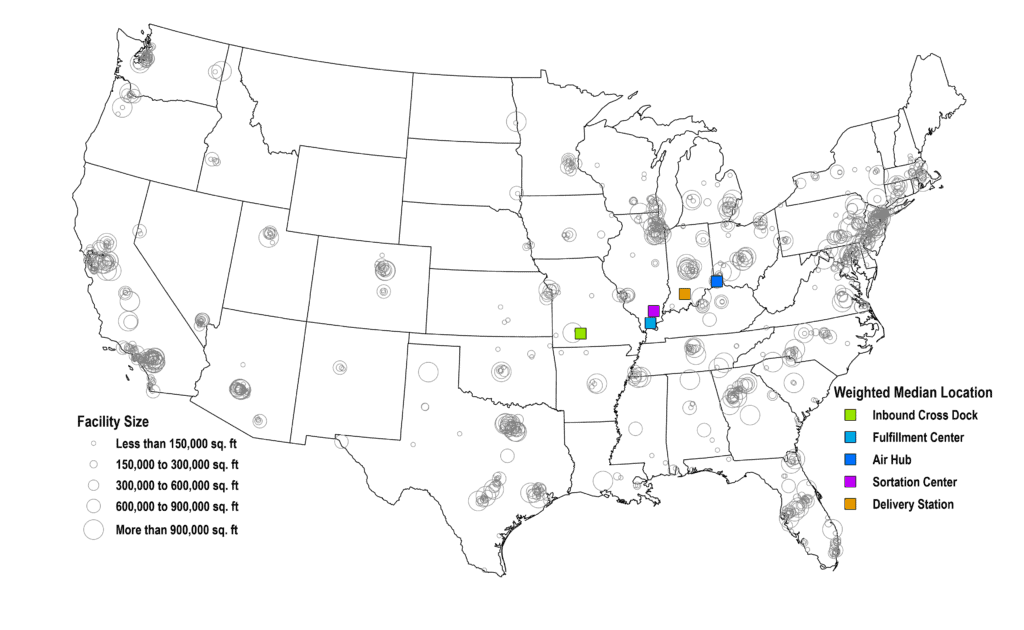 Weighted Median Location of Amazon Distribution Facilities, 2023 | The Geography of Transport Systems