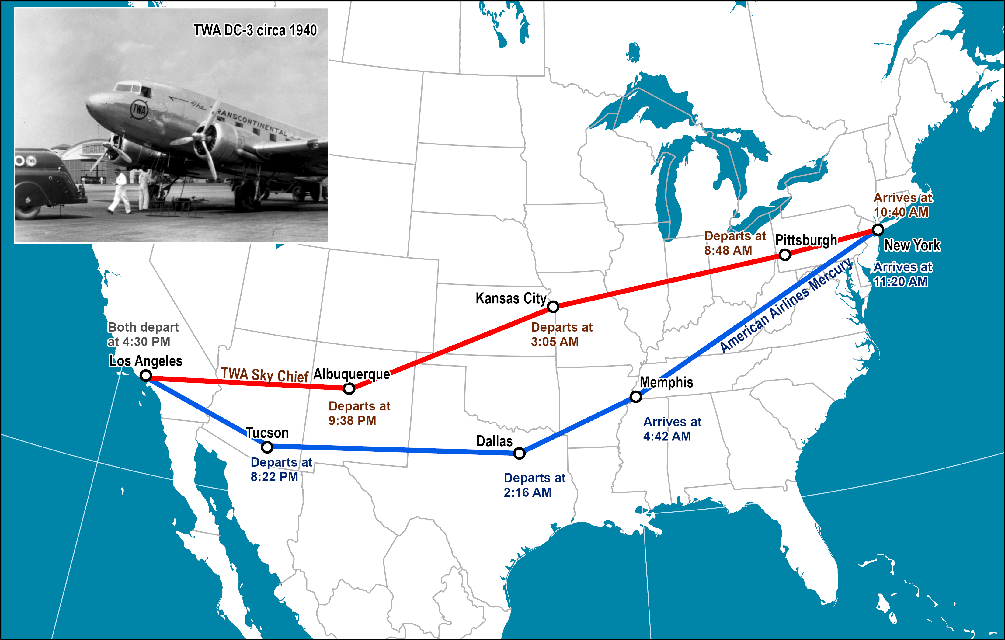 Selected Transcontinental DC-3 Routes, Late 1930s