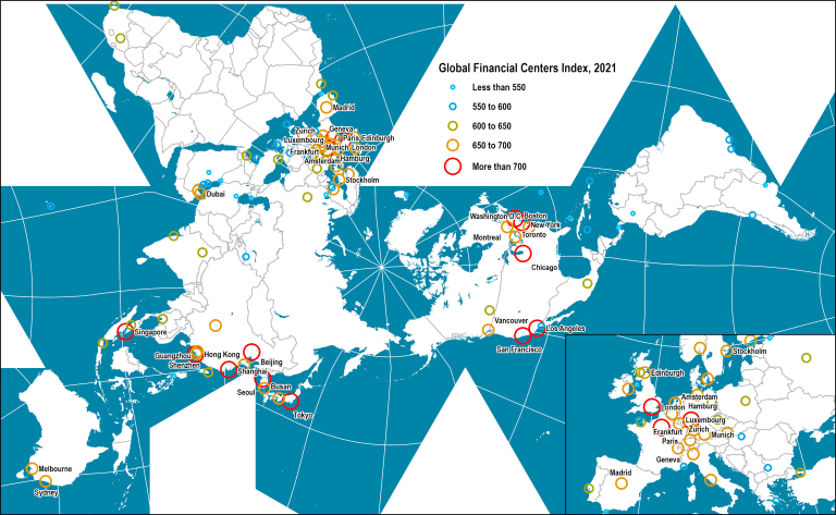 Global Financial Centers, 2021 | The Geography of Transport Systems Map Financial Centers World