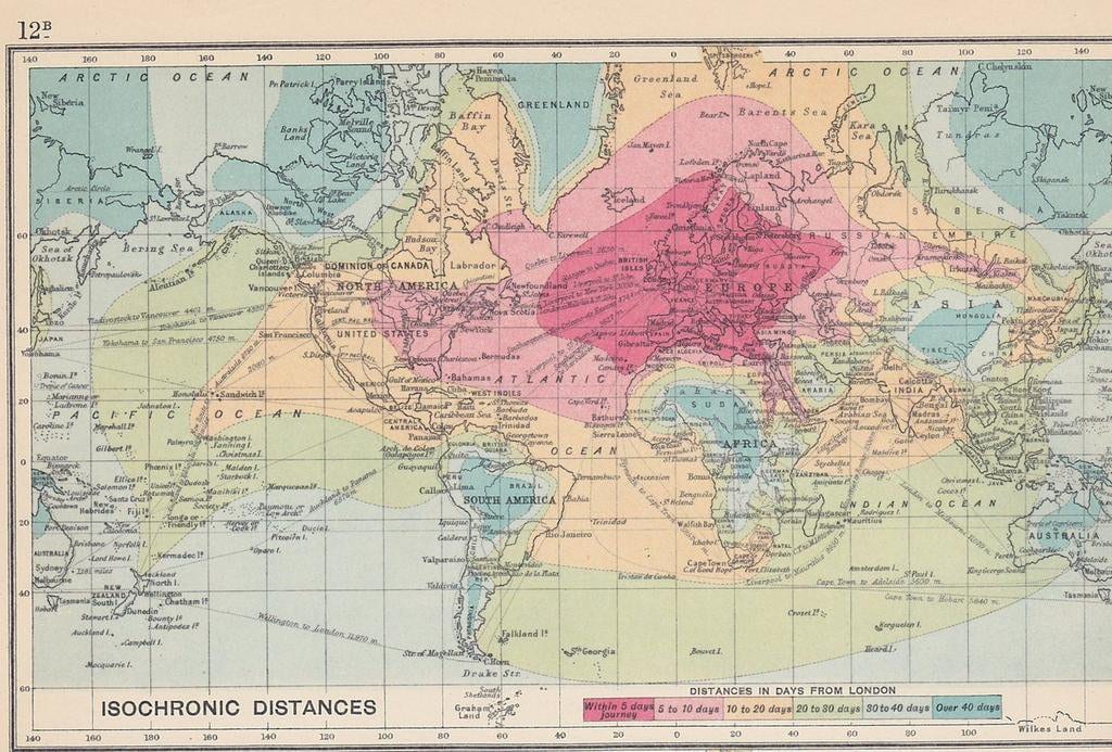 Travel Time between London and the Rest of the World, 1914 | The Geography of Transport Systems Travel Time London World 1914
